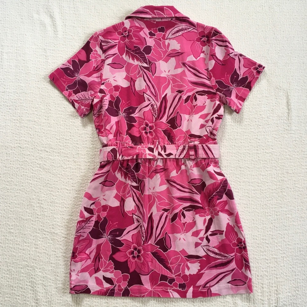 Pink Floral‎ Denim Barbiecore Mini Dress Zip Front Belted Skies Are Blue Small - Picture 3 of 5